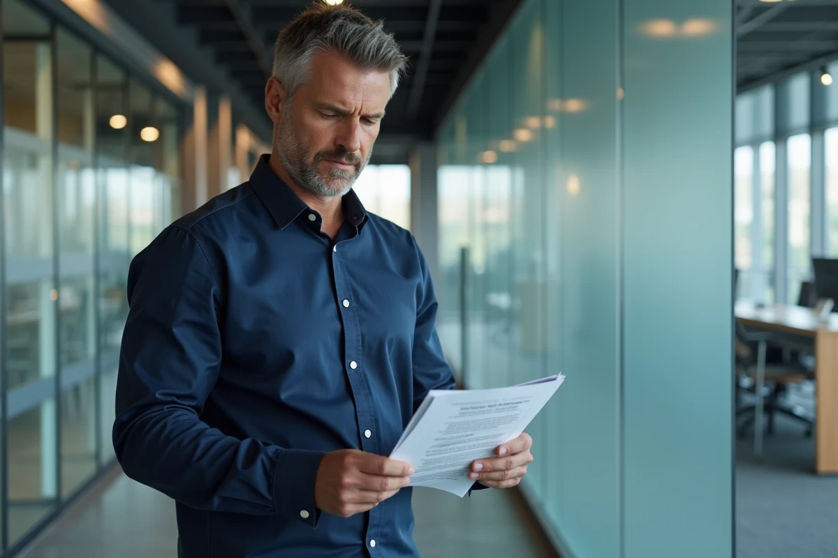 Employé lisant ses documents de démarches RH dans un couloir de bureaux modernes