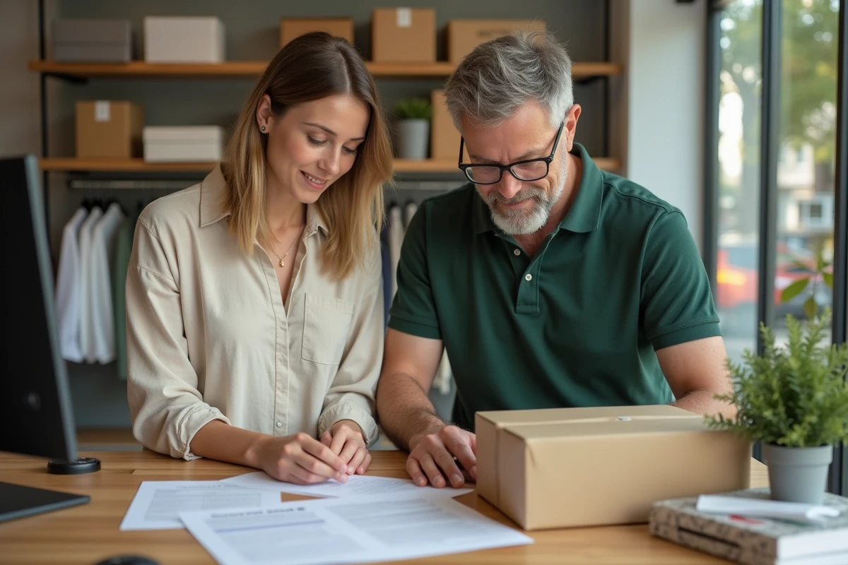 Deux employés d'une petite boutique examinant des documents d'expédition Chronopost au comptoir