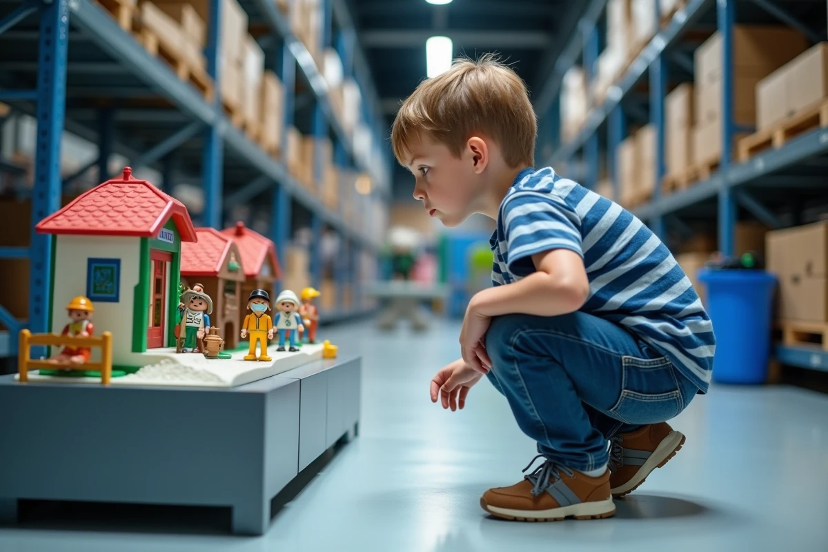 Enfant fasciné par un diorama Playmobil lors d'une visite d'usine