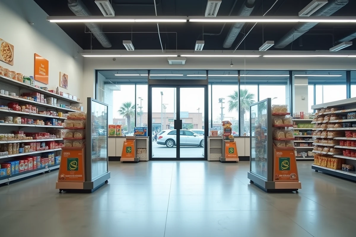 Entrée de magasin avec miroirs de surveillance et portiques antivol pour prévenir la démarque inconnue