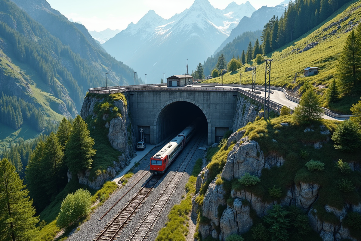 Entrée d un tunnel ferroviaire dans un paysage montagneux avec trains