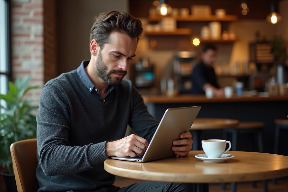 Entrepreneur consultant son abonnement numérique au journal des entrepreneurs dans un café