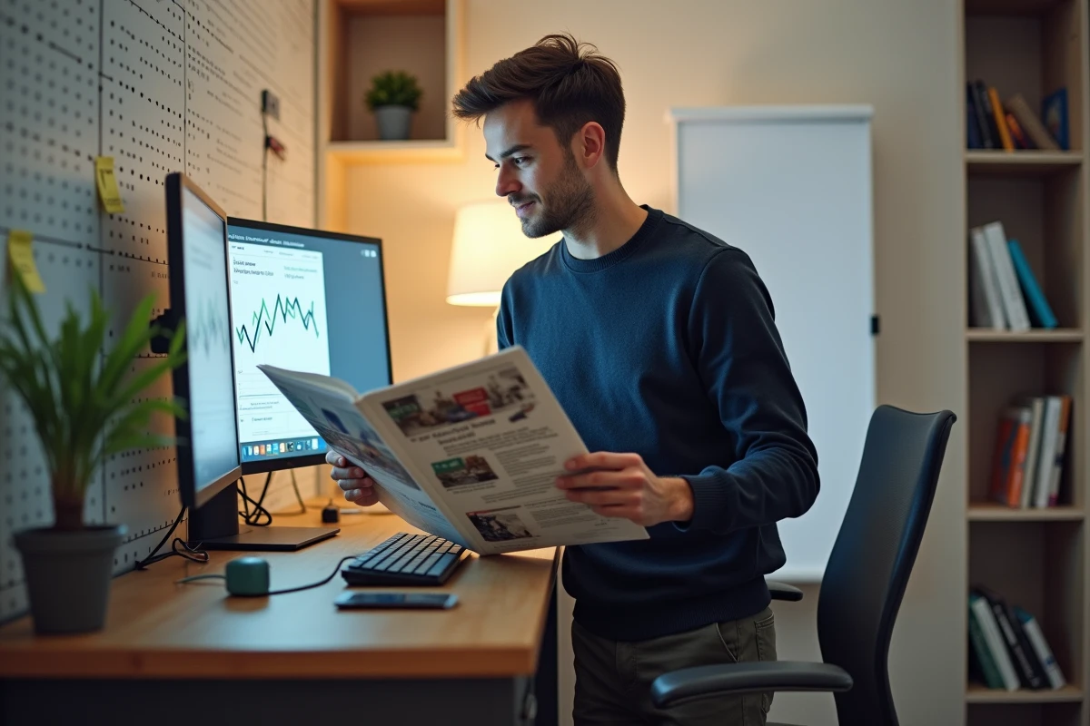 Jeune entrepreneur debout dans son bureau à domicile feuilletant Lebusinessmag avec des graphiques financiers à l'écran