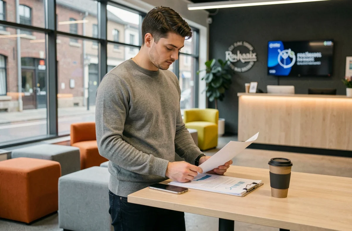 Jeune entrepreneur debout à un bureau flexible dans un espace de coworking à Roubaix, consultant des documents professionnels