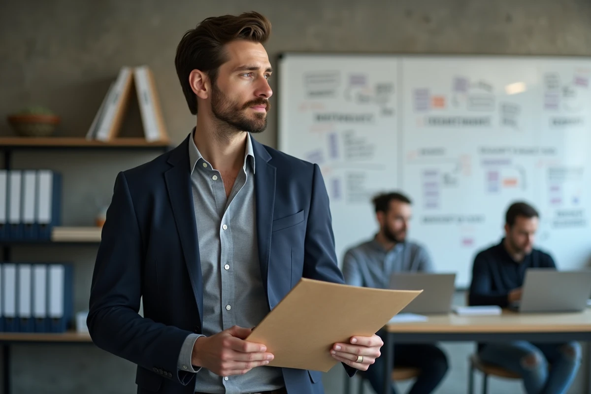 Entrepreneur masculin dans un espace de coworking tenant un dossier de demande de congé sans solde devant un tableau de stratégie d'entreprise