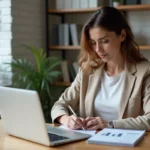 Femme entrepreneur concentrée prenant des notes de stratégie business dans un bureau minimaliste moderne