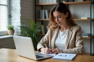 Femme entrepreneur concentrée prenant des notes de stratégie business dans un bureau minimaliste moderne