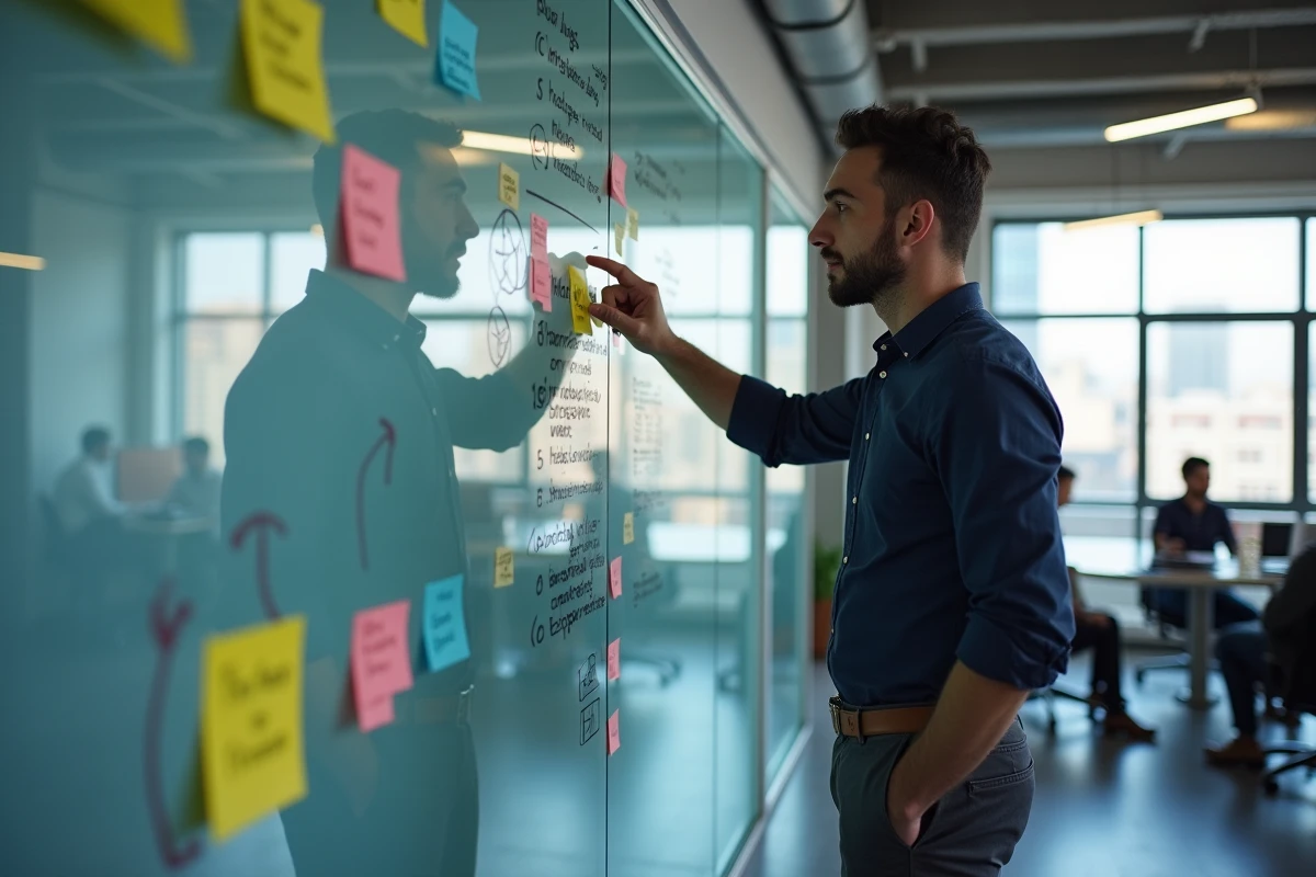 Entrepreneur masculin analysant une stratégie de niche sur un tableau blanc dans un espace de coworking urbain