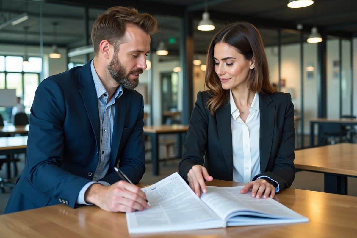 Deux entrepreneurs discutant des avis sur l'abonnement au journal des entrepreneurs dans un espace de coworking