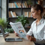 Jeune entrepreneuse consultant Lebusinessmag dans un espace de coworking moderne avec son ordinateur portable ouvert