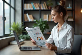 Jeune entrepreneuse consultant Lebusinessmag dans un espace de coworking moderne avec son ordinateur portable ouvert