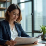 Entrepreneuse lisant un abonnement au journal des entrepreneurs dans un bureau moderne