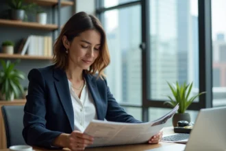 Entrepreneuse lisant un abonnement au journal des entrepreneurs dans un bureau moderne
