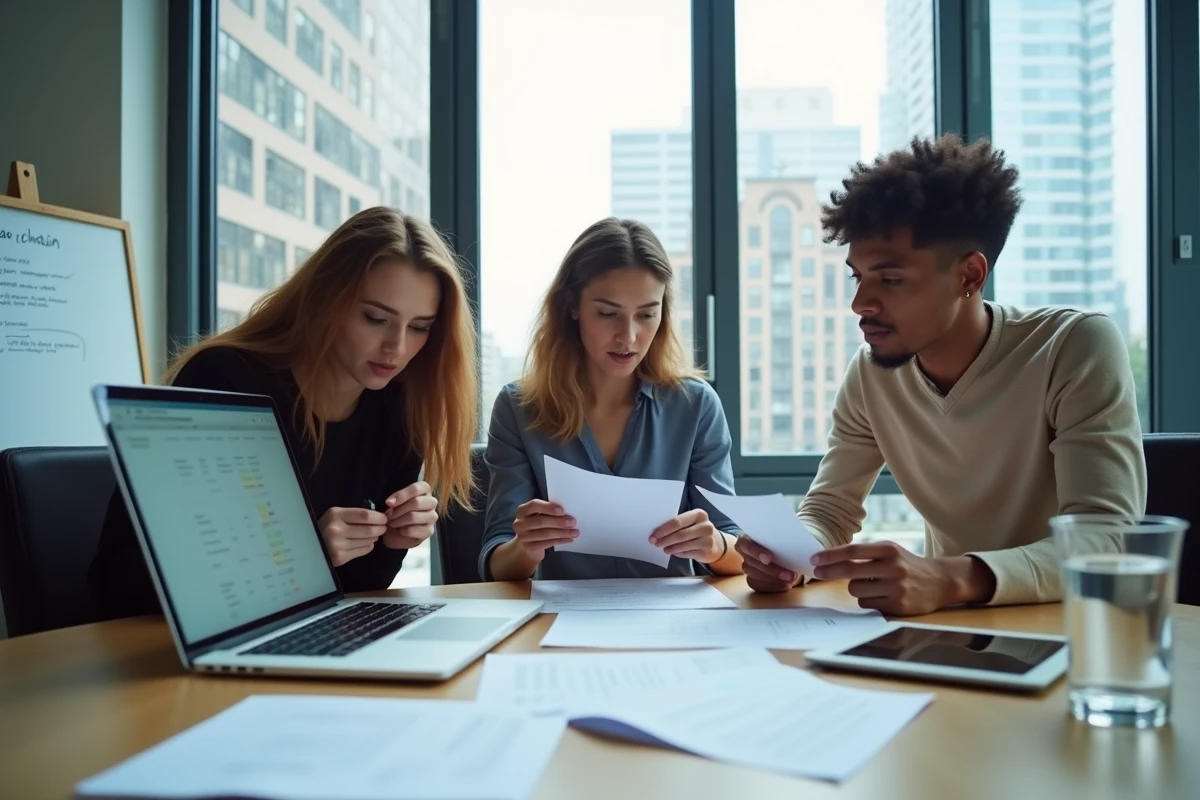 Équipe de collègues analysant des contrats et abonnements autour d'une table de réunion avec un ordinateur portable