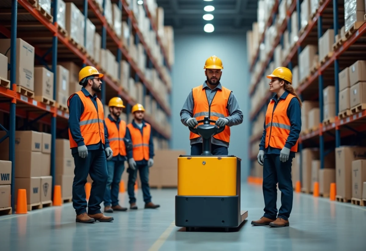 Equipe de travailleurs en entrepôt utilisant un chariot électrique