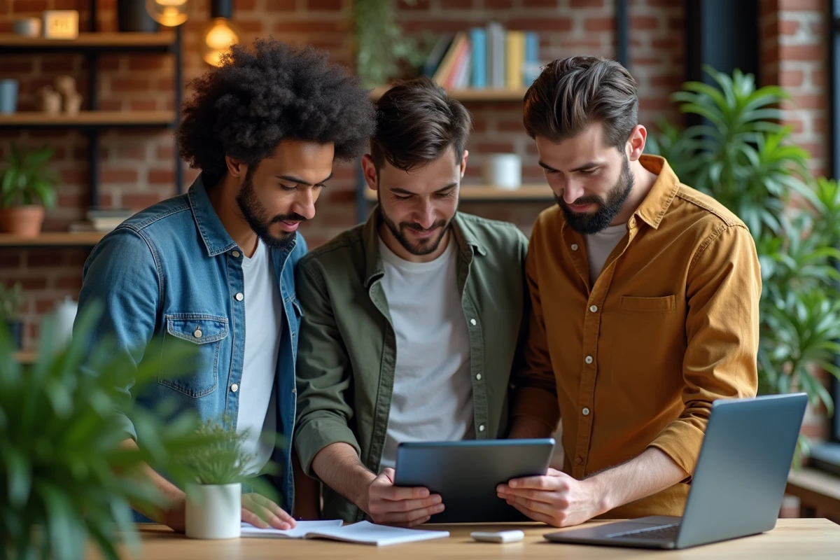 Equipe diverse collaborant autour d une tablette en open space