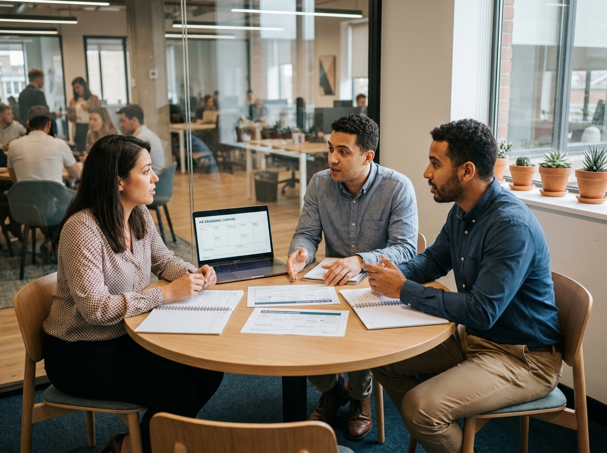 Trois collègues en réunion collaborative analysent un cadre de marque employeur autour d'une table dans un espace de travail contemporain
