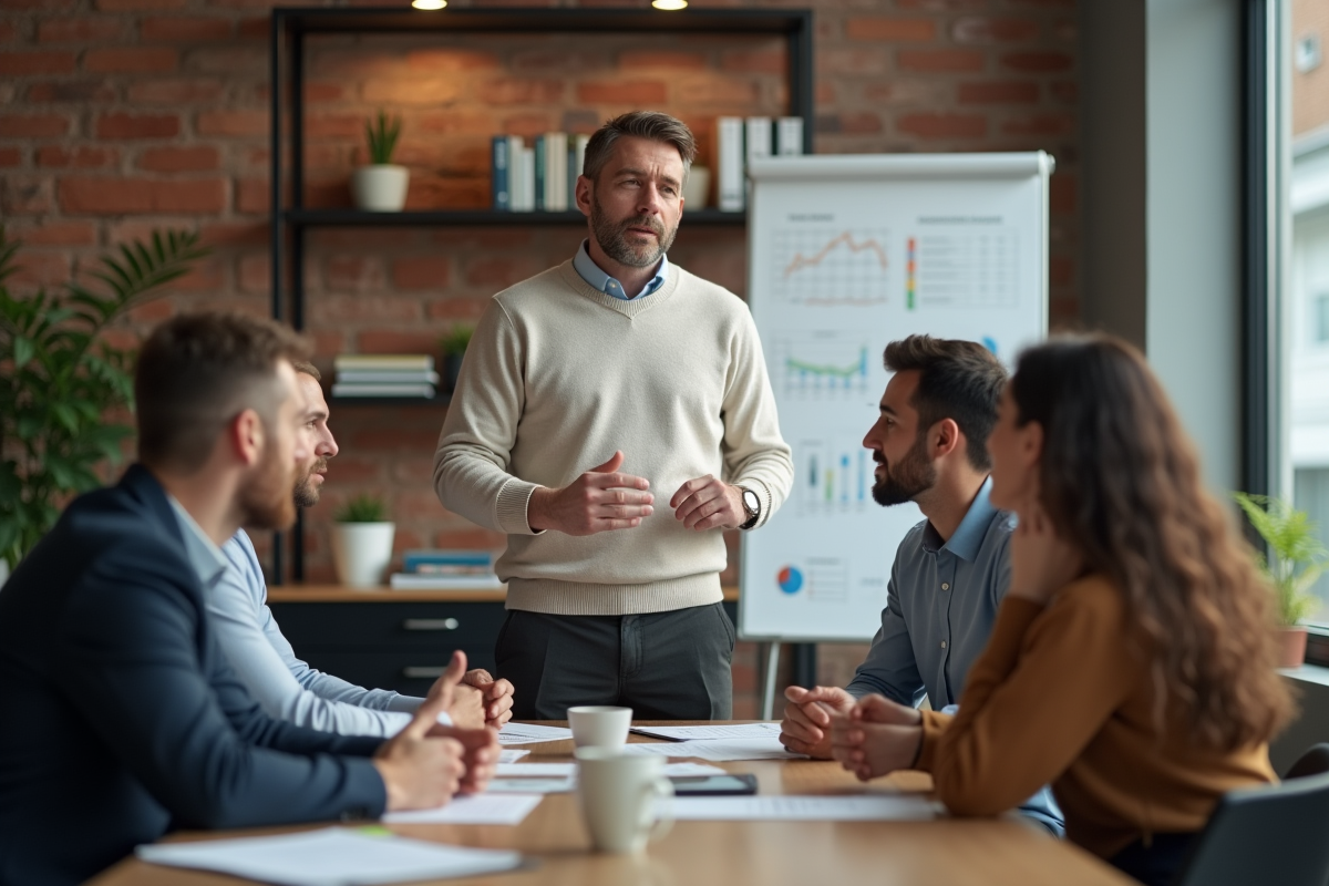 Groupe de collègues en coworking discutant autour d