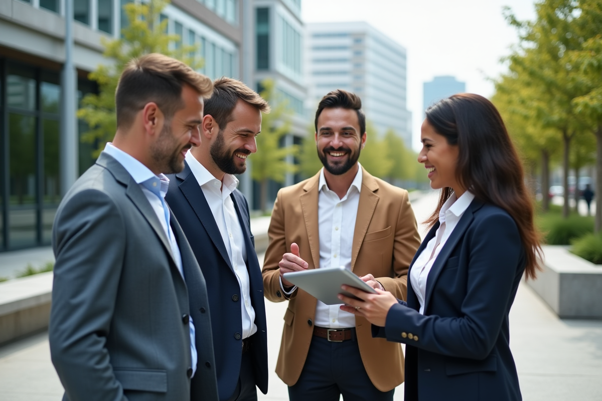 Groupe de professionnels discutant sur une tablette en extérieur