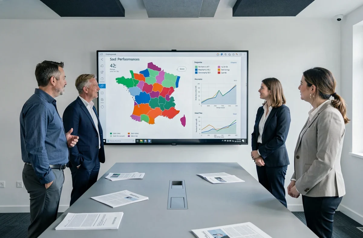 Équipe de professionnels analysant des indicateurs économiques régionaux sur un écran interactif lors d'une réunion de travail collaboratif