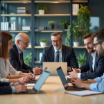 Groupe de professionnels discutant d'ERP en réunion moderne