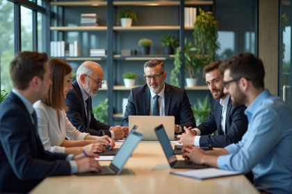 Groupe de professionnels discutant d'ERP en réunion moderne