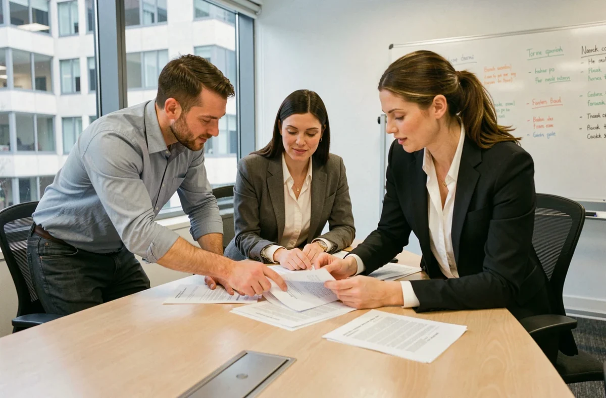 Équipe de collègues en réunion analysant des exemples de notes de service imprimées autour d'une table de conférence en entreprise