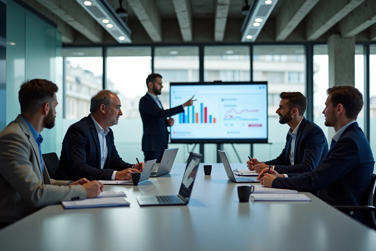 Équipe professionnelle analysant des rapports de performance numérique lors d'une réunion dans un bureau parisien contemporain