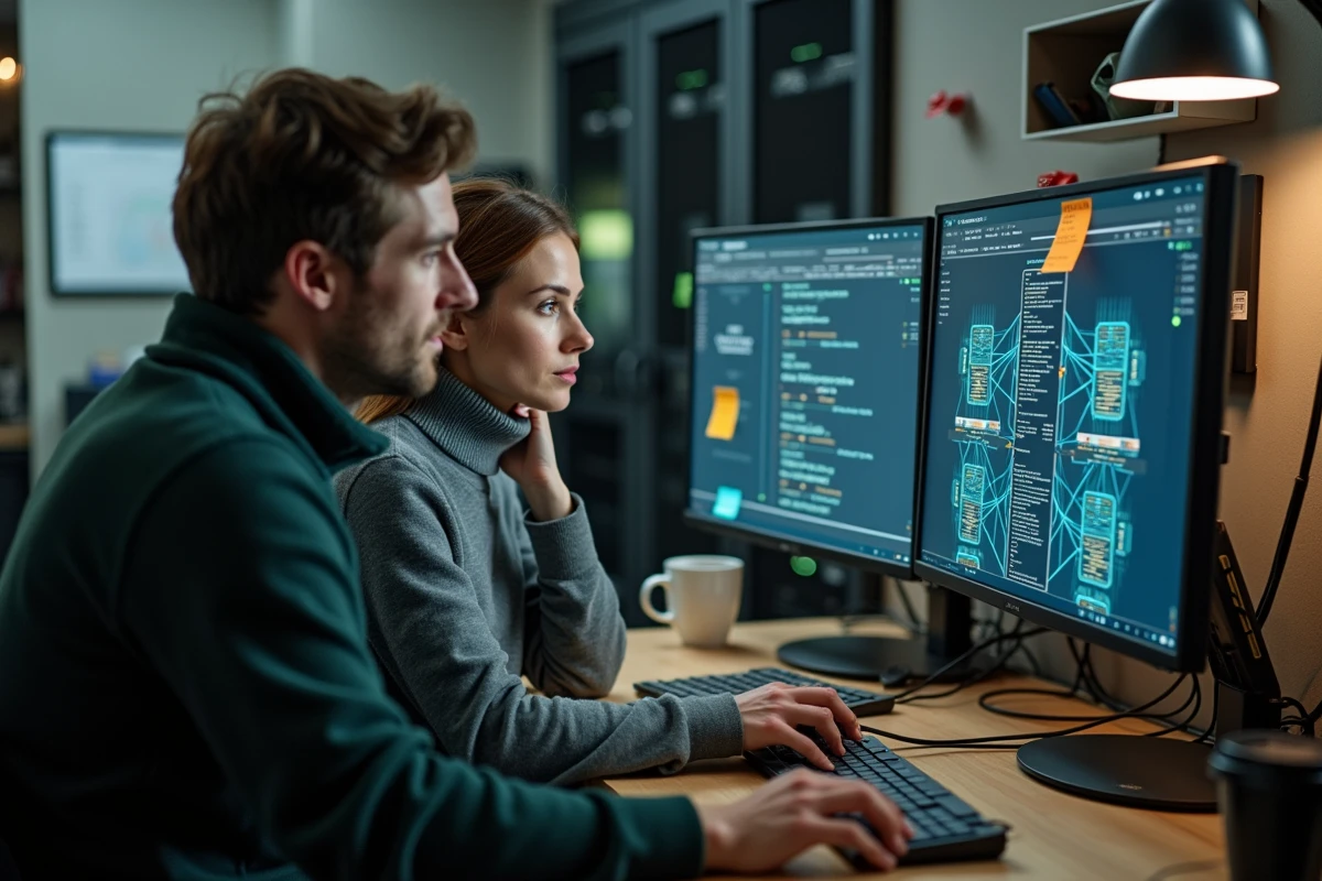 Deux techniciens consultant un logiciel d'estimation des coûts pour un déploiement tacticom dans un bureau technique
