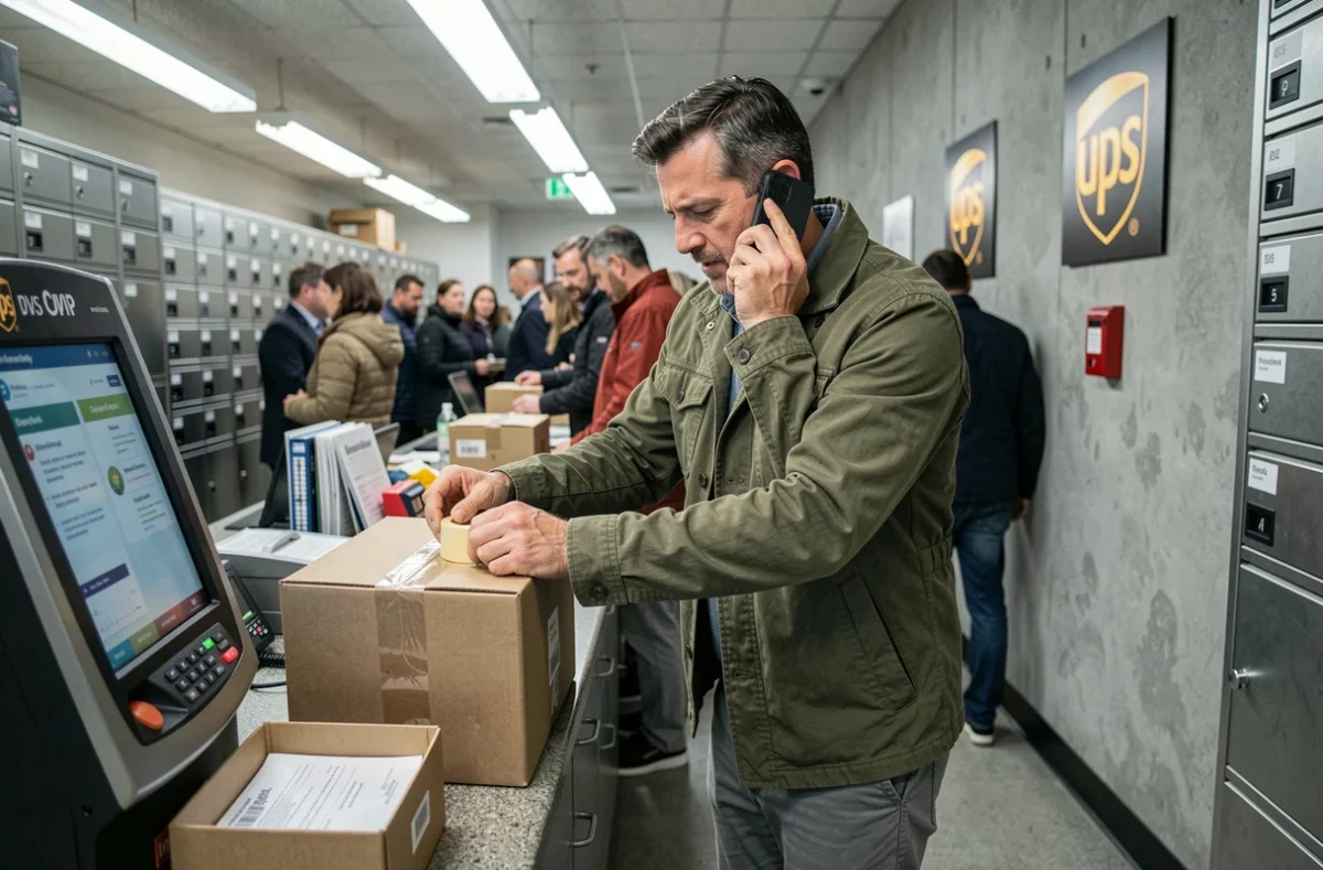 Homme tentant de fermer un colis mal emballé à un point relais UPS en milieu urbain