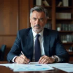 Homme d'affaires en costume bleu dans un bureau élégant