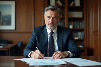 Homme d'affaires en costume bleu dans un bureau élégant