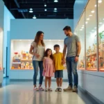Famille visitant l'usine Playmobil avec enfants admirant les figurines en vitrine