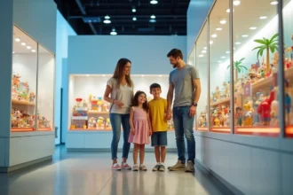 Famille visitant l'usine Playmobil avec enfants admirant les figurines en vitrine