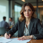 Femme d'affaires en réunion avec contrat