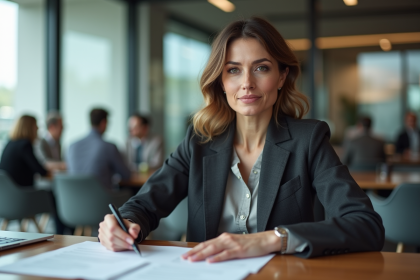 Femme d'affaires en réunion avec contrat