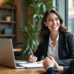 Femme confiante en café avec ordinateur et carnet