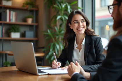 Femme confiante en café avec ordinateur et carnet