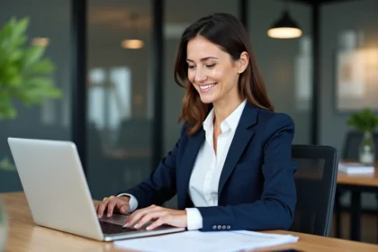 Femme d'affaires concentrée à son bureau moderne