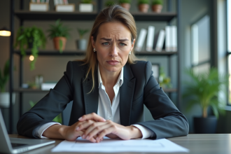 Femme d'affaires méditant devant son ordinateur en bureau