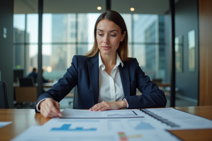 Femme d'affaires en réunion avec rapport international