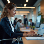 Femme concentrée sur un tableau de bord analytique au bureau
