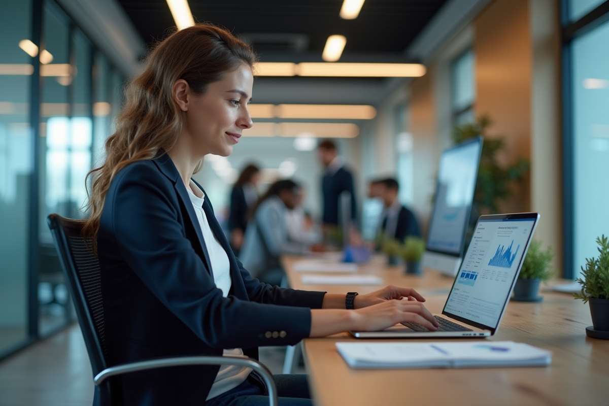 Femme concentrée sur un tableau de bord analytique au bureau