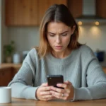 Femme inquiète regardant un numéro de téléphone inconnu sur son smartphone dans une cuisine