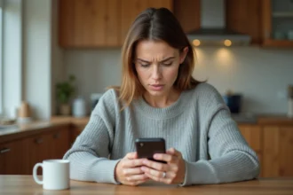 Femme inquiète regardant un numéro de téléphone inconnu sur son smartphone dans une cuisine