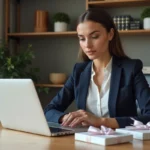 Jeune femme en bureau étudiant des coffrets cadeaux