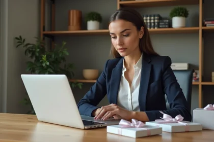 Jeune femme en bureau étudiant des coffrets cadeaux