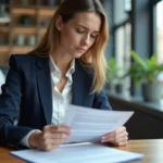 Femme en blazer marine relisant son contrat CDD dans un bureau moderne pour réclamer sa prime de fin de contrat