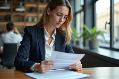Femme en blazer marine relisant son contrat CDD dans un bureau moderne pour réclamer sa prime de fin de contrat