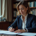Femme d'âge moyen en costume navy examine des documents officiels
